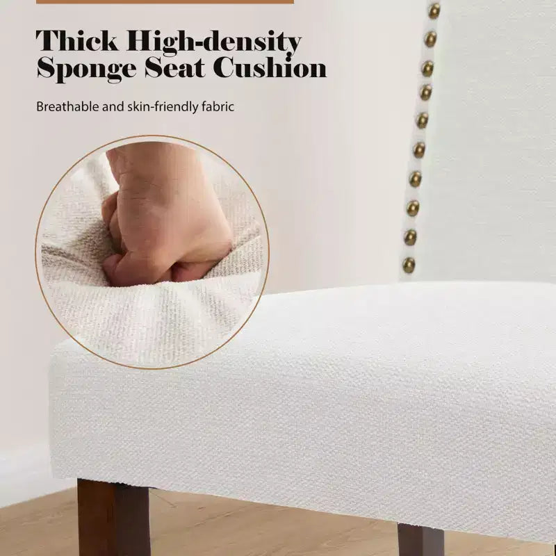 Sedia da pranzo imbottita senza braccioli con borchie e gambe in legno, set da 2, Beige/Nero/Grigio