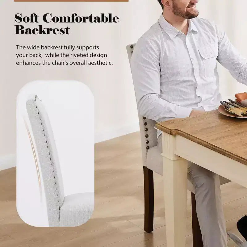 Sedia da pranzo imbottita senza braccioli con borchie e gambe in legno, set da 2, Beige/Nero/Grigio