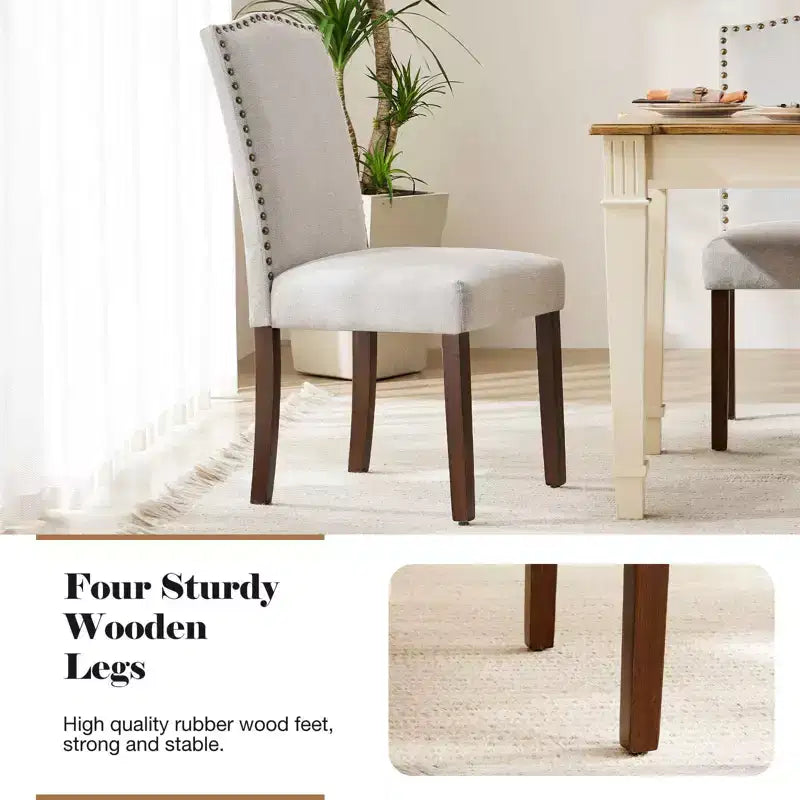 Sedia da pranzo imbottita senza braccioli con borchie e gambe in legno, set da 2, Beige/Nero/Grigio