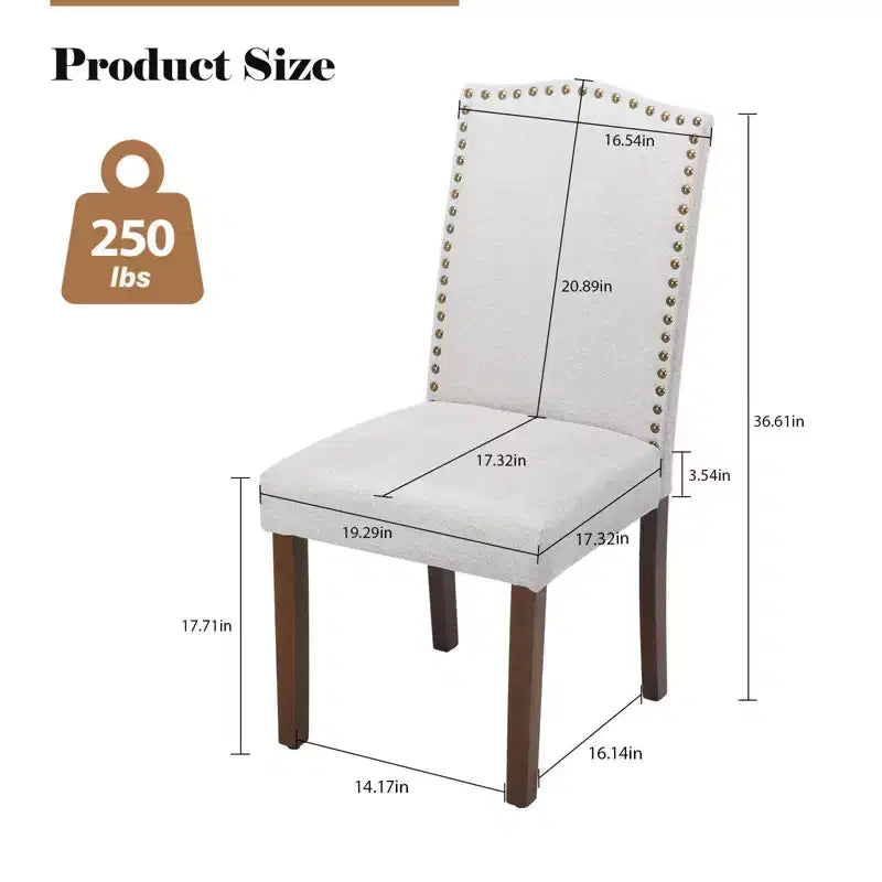 Sedia da pranzo imbottita senza braccioli con borchie e gambe in legno, set da 2, Beige/Nero/Grigio
