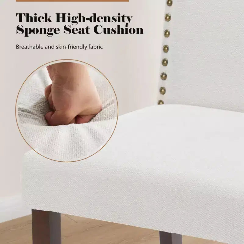 Sedia da pranzo imbottita senza braccioli con borchie e gambe in legno, set da 2, Beige/Nero/Grigio