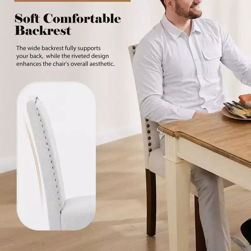 Sedia da pranzo imbottita senza braccioli con borchie e gambe in legno, set da 2, Beige/Nero/Grigio