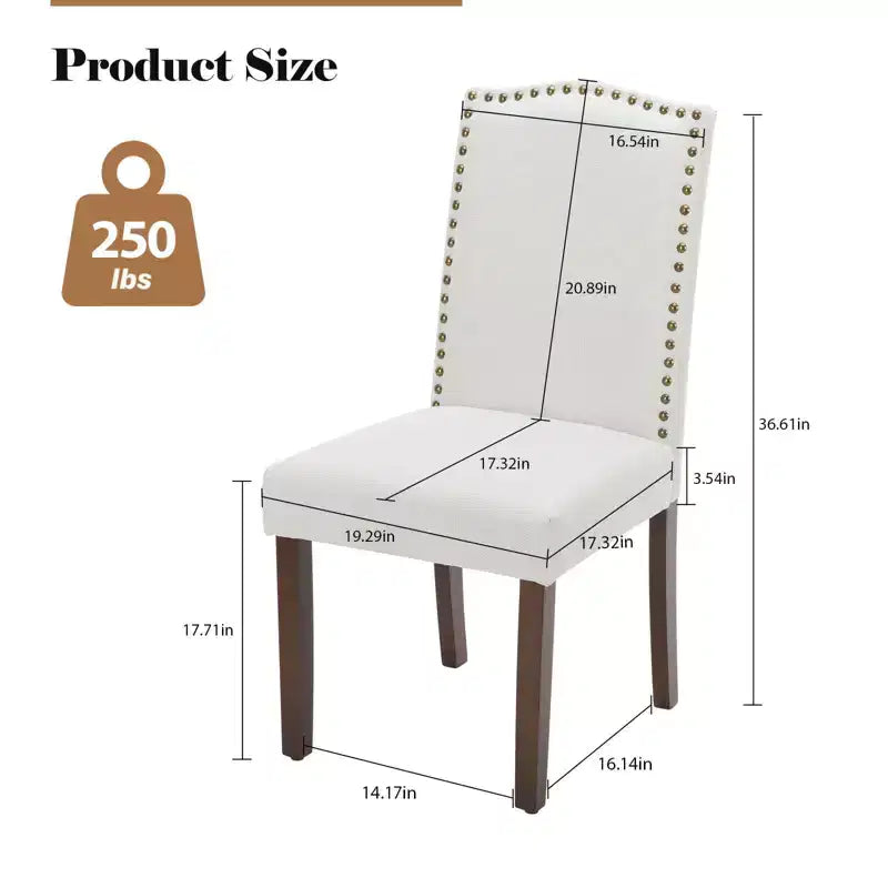 Sedia da pranzo imbottita senza braccioli con borchie e gambe in legno, set da 2, Beige/Nero/Grigio