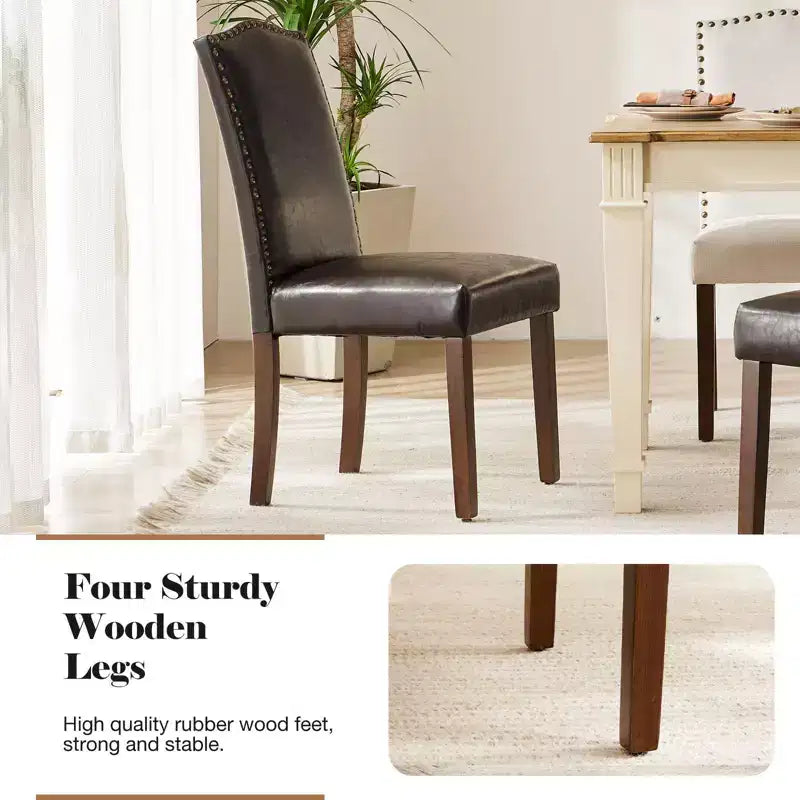 Sedia da pranzo imbottita senza braccioli con borchie e gambe in legno, set da 2, Beige/Nero/Grigio