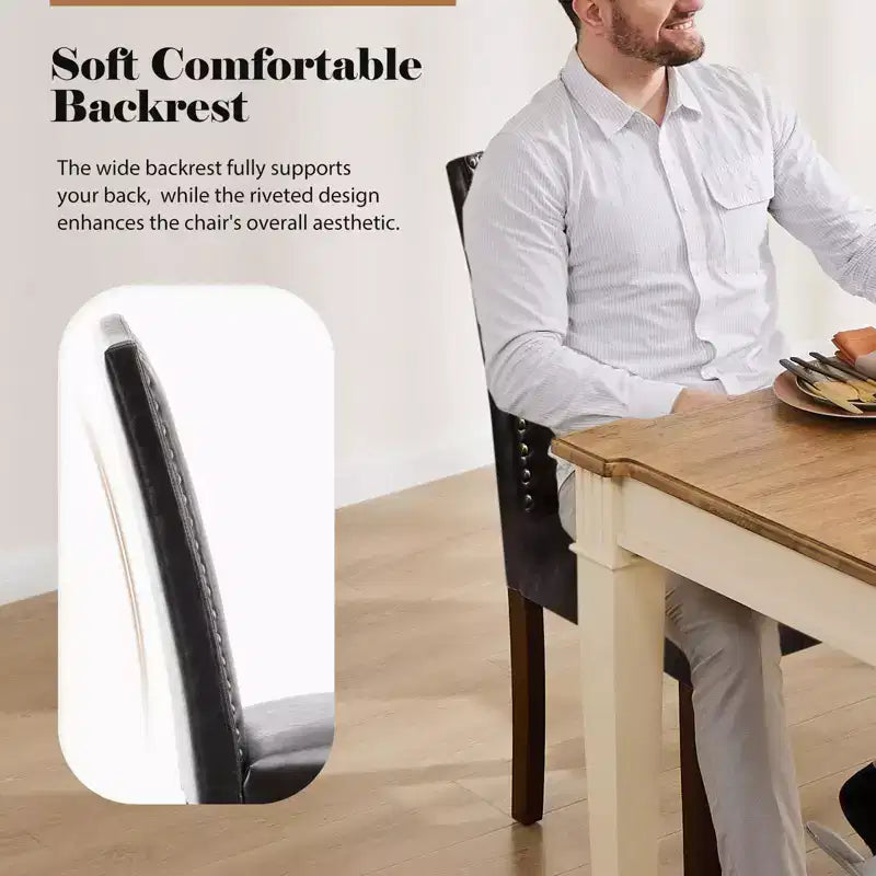 Sedia da pranzo imbottita senza braccioli con borchie e gambe in legno, set da 2, Beige/Nero/Grigio