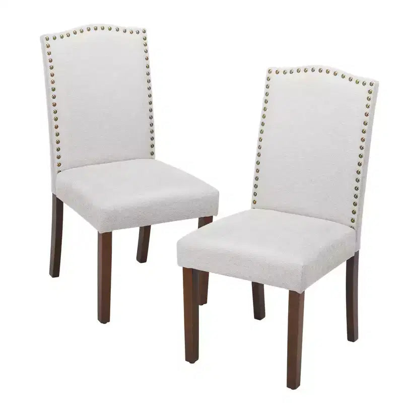 Sedia da pranzo imbottita senza braccioli con borchie e gambe in legno, set da 2, Beige/Nero/Grigio