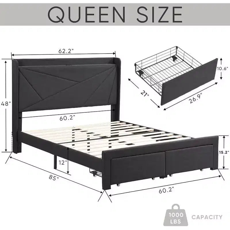 Struttura letto matrimoniale con 2 cassetti contenitore, testiera imbottita, stazione di ricarica, beige/grigio