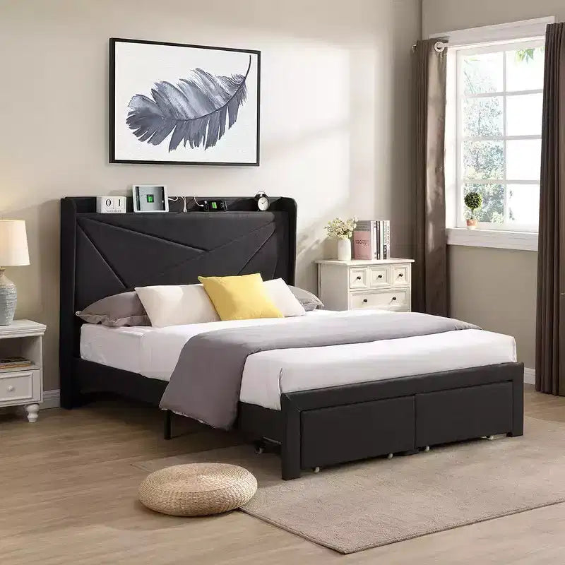 Struttura letto matrimoniale con 2 cassetti contenitore, testiera imbottita, stazione di ricarica, beige/grigio
