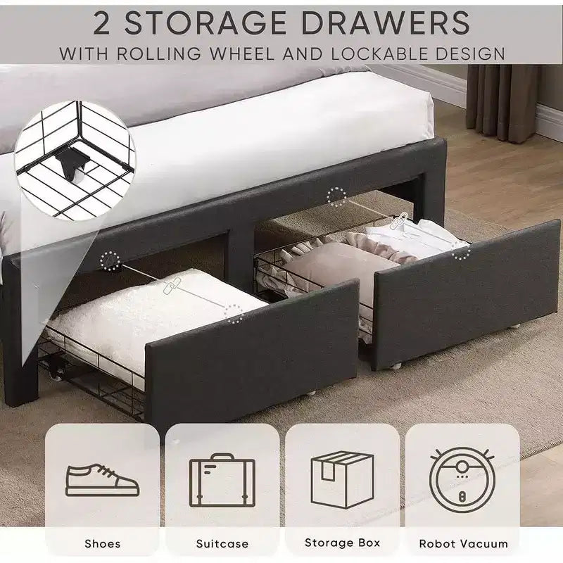 Struttura letto matrimoniale con 2 cassetti contenitore, testiera imbottita, stazione di ricarica, beige/grigio