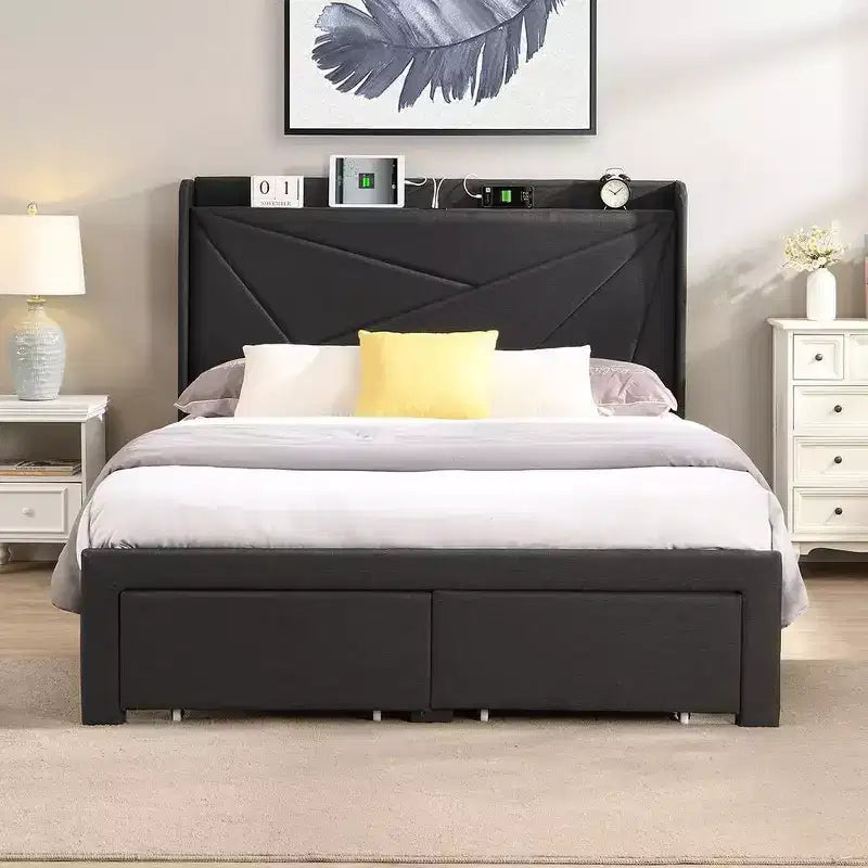 Struttura letto matrimoniale con 2 cassetti contenitore, testiera imbottita, stazione di ricarica, beige/grigio