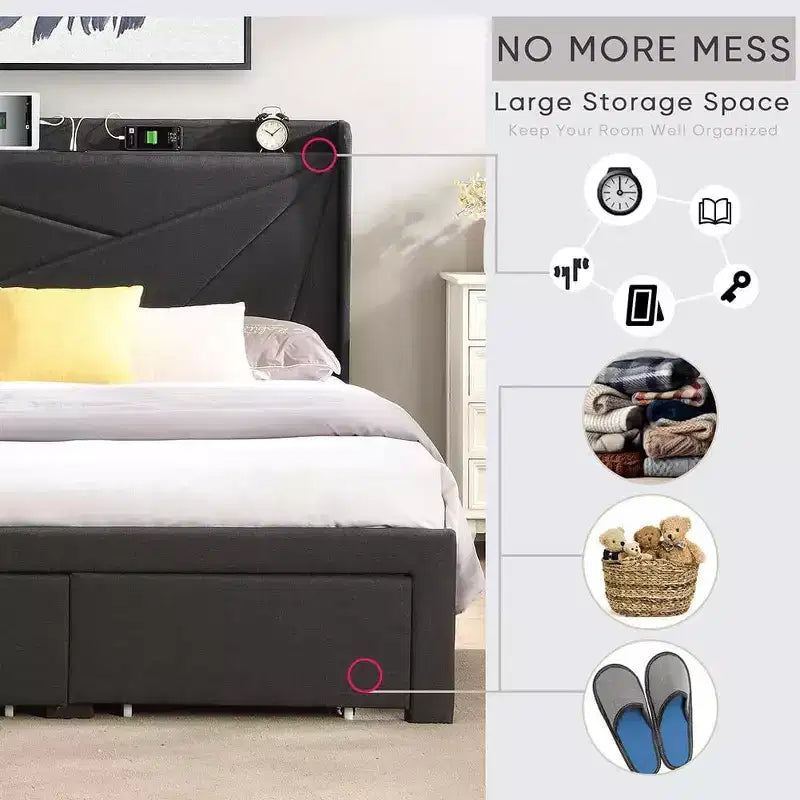 Struttura letto matrimoniale con 2 cassetti contenitore, testiera imbottita, stazione di ricarica, beige/grigio