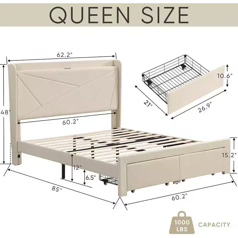 Struttura letto matrimoniale con 2 cassetti contenitore, testiera imbottita, stazione di ricarica, beige/grigio