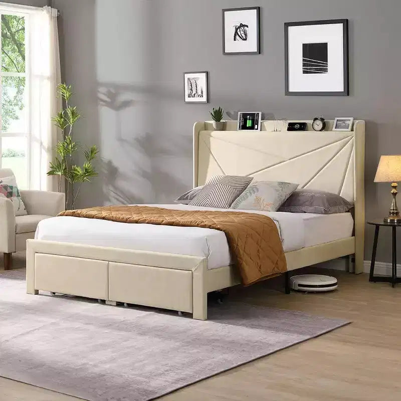 Struttura letto matrimoniale con 2 cassetti contenitore, testiera imbottita, stazione di ricarica, beige/grigio