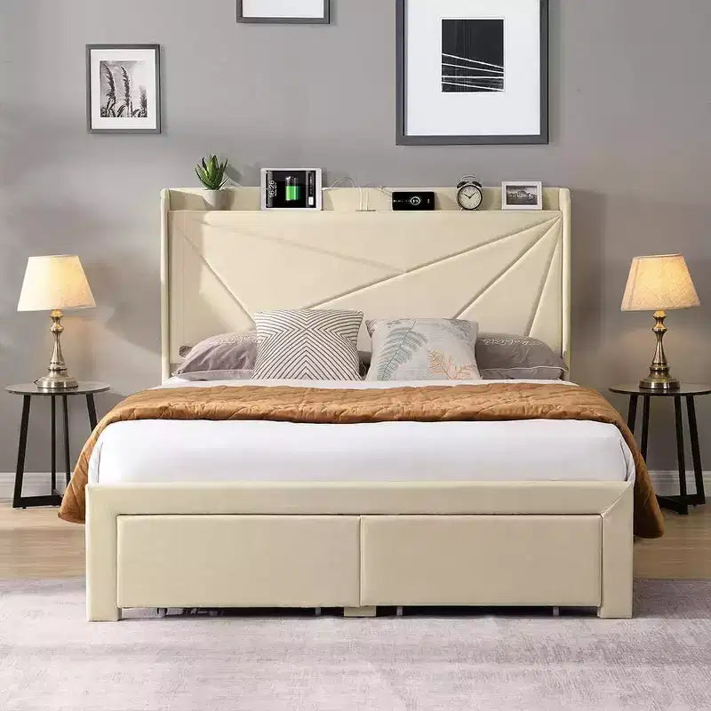 Struttura letto matrimoniale con 2 cassetti contenitore, testiera imbottita, stazione di ricarica, beige/grigio