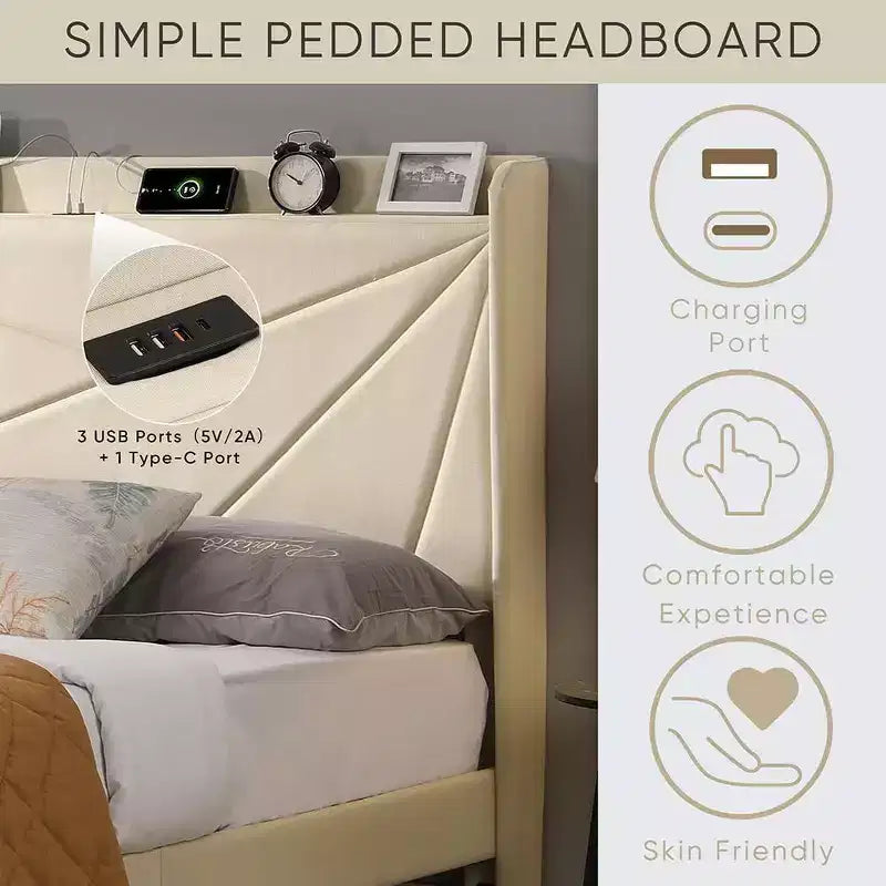 Struttura letto matrimoniale con 2 cassetti contenitore, testiera imbottita, stazione di ricarica, beige/grigio