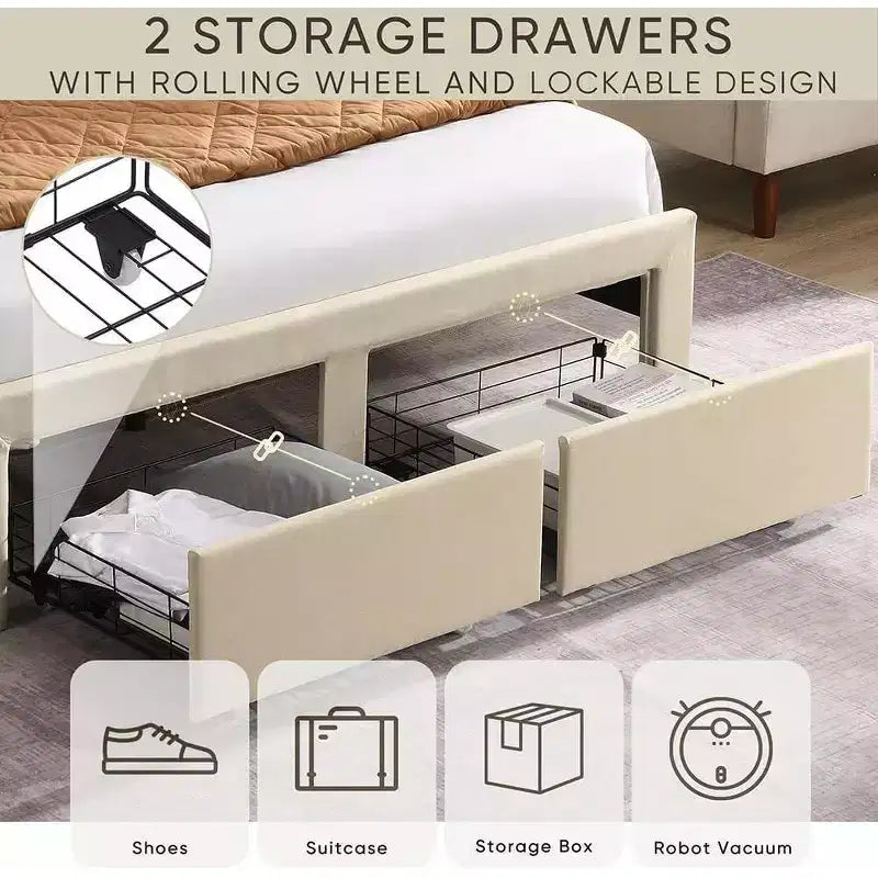 Struttura letto matrimoniale con 2 cassetti contenitore, testiera imbottita, stazione di ricarica, beige/grigio