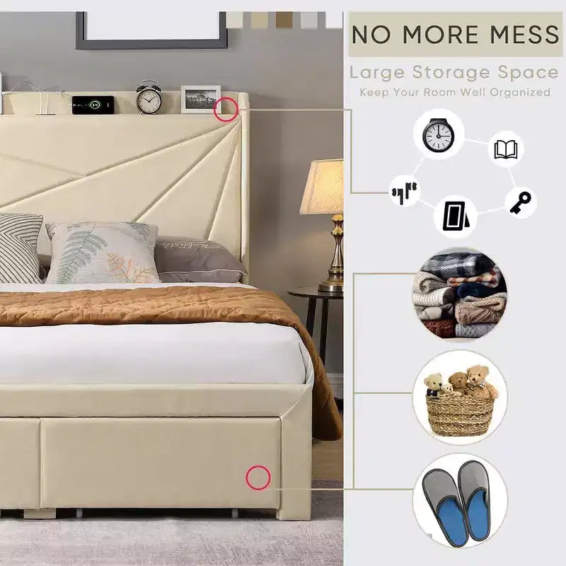 Struttura letto matrimoniale con 2 cassetti contenitore, testiera imbottita, stazione di ricarica, beige/grigio