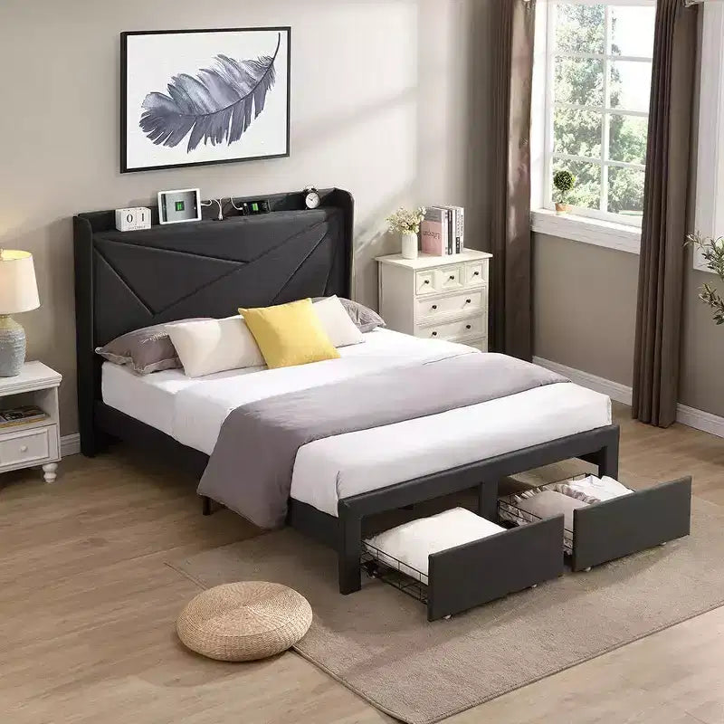 Struttura letto matrimoniale con 2 cassetti contenitore, testiera imbottita, stazione di ricarica, beige/grigio