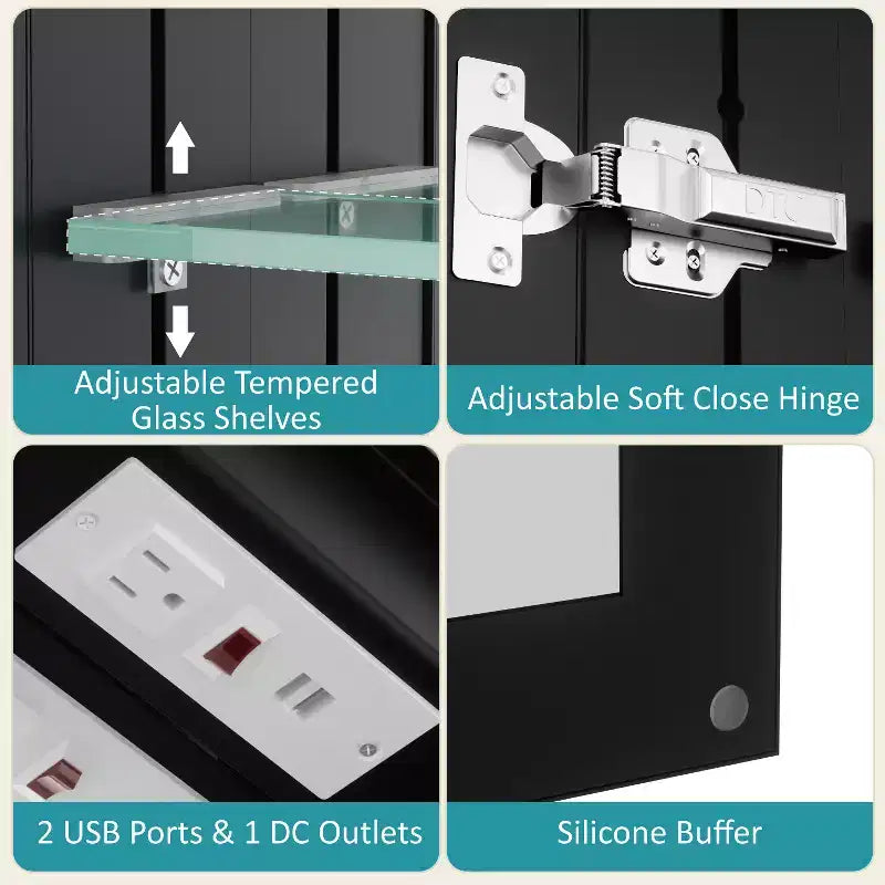Armadietto Portamedicine da Bagno Nero con Luce LED e Specchio, Porta Singola/Doppia/Tripla, 1–3 Persone
