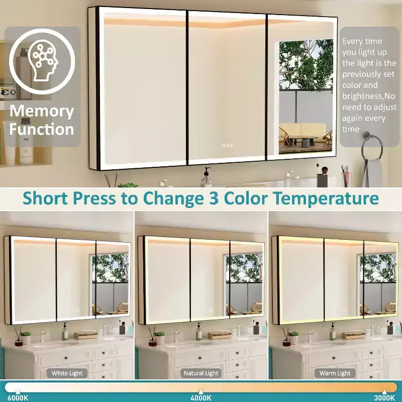 Armadietto Portamedicine da Bagno Nero con Luce LED e Specchio, Porta Singola/Doppia/Tripla, 1–3 Persone