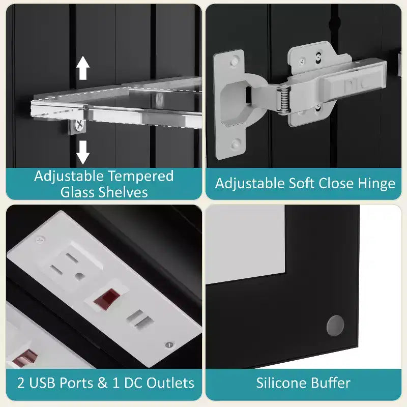 Armadietto Portamedicine da Bagno Nero con Luce LED e Specchio, Porta Singola/Doppia/Tripla, 1–3 Persone