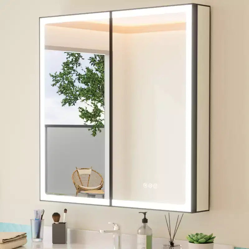 Armadietto Portamedicine da Bagno Nero con Luce LED e Specchio, Porta Singola/Doppia/Tripla, 1–3 Persone