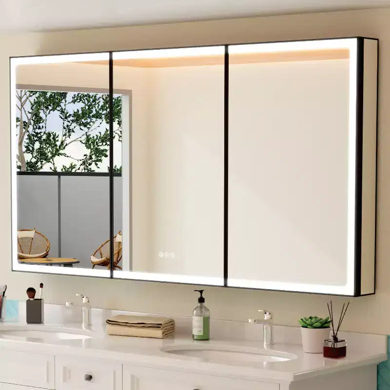 Armadietto Portamedicine da Bagno Nero con Luce LED e Specchio, Porta Singola/Doppia/Tripla, 1–3 Persone