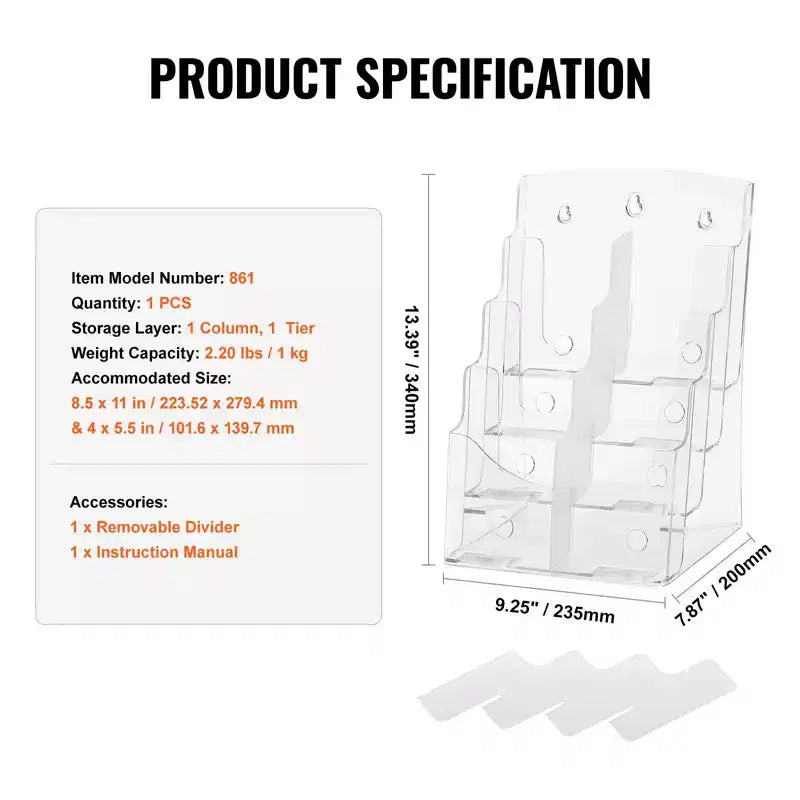 Espositore per Brochure in Acrilico Trasparente, 8 Tasche, 8,5x11 pollici, Montaggio a Parete o da Tavolo