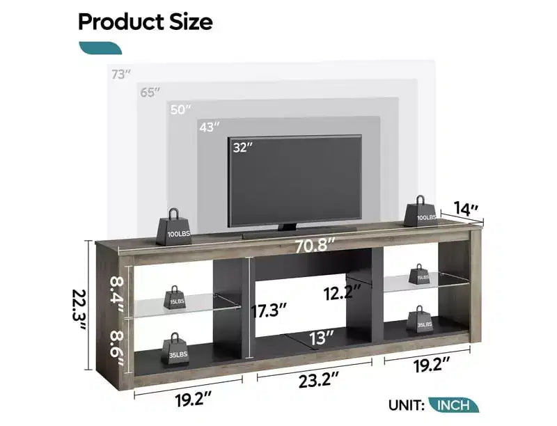 Mobile TV da 71" con luci LED, centro di intrattenimento per TV fino a 75", opzioni multicolore