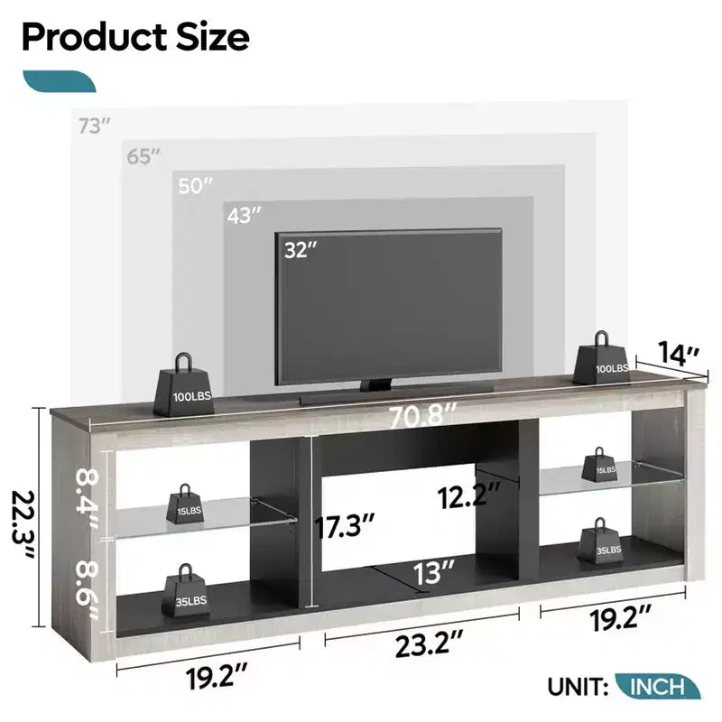 Mobile TV da 71" con luci LED, centro di intrattenimento per TV fino a 75", opzioni multicolore