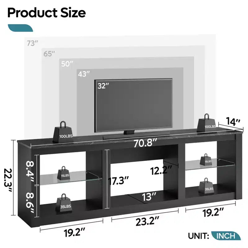 Mobile TV da 71" con luci LED, centro di intrattenimento per TV fino a 75", opzioni multicolore