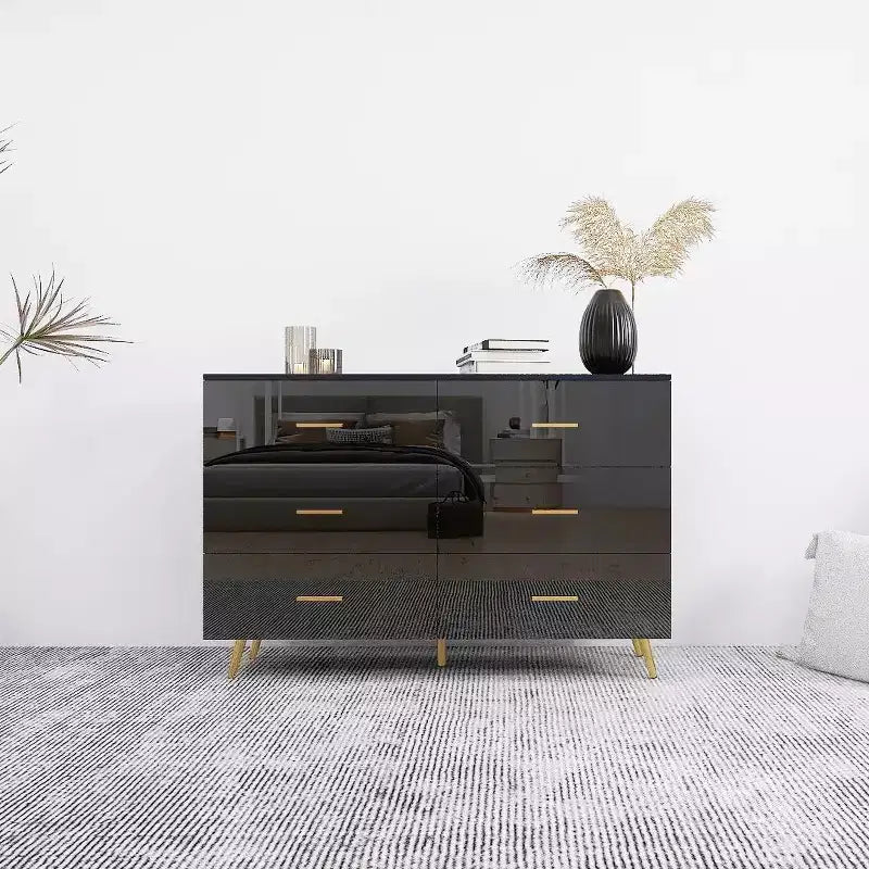 Okak 6-Drawer Dresser with High Glossy Surface,Modern Black&Gold Chest of Drawers,Stylish Storage Dresser for Bedroom,Living Room,Entryway