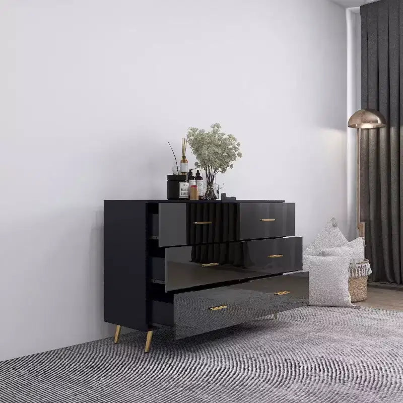 Comò a 6 cassetti, Nero e Oro, Lucido