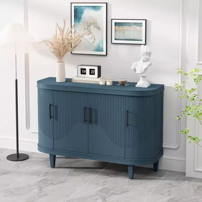 Credenza curva blu con 4 ante e 6 ripiani, 120 cm