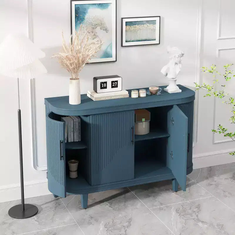 Credenza curva blu con 4 ante e 6 ripiani, 120 cm