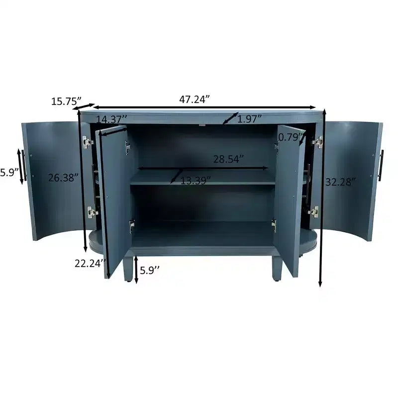 Credenza curva blu con 4 ante e 6 ripiani, 120 cm