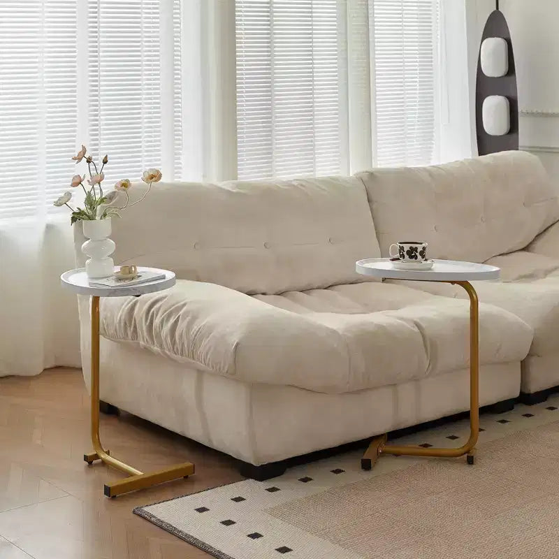 Tavolino Laterale a C, Tavolino da Divano/Comodino per 1 Persona, Marrone/Bianco