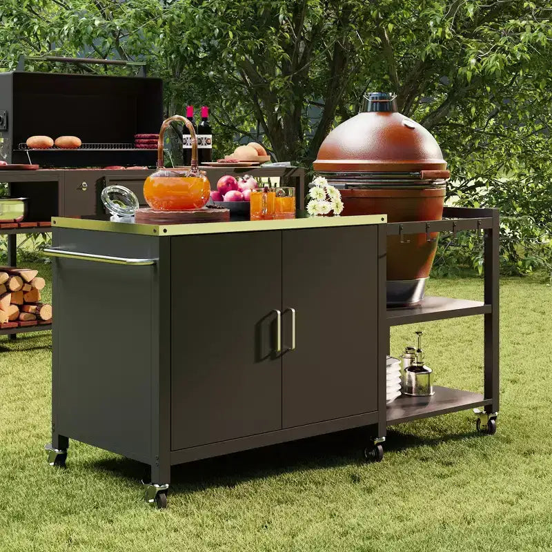 Carrello da barbecue in metallo nero con armadietto portaoggetti, 2 posti