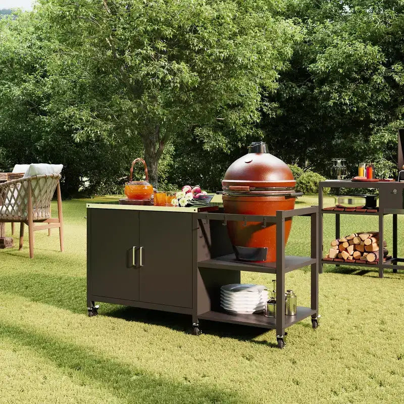 Carrello da barbecue in metallo nero con armadietto portaoggetti, 2 posti