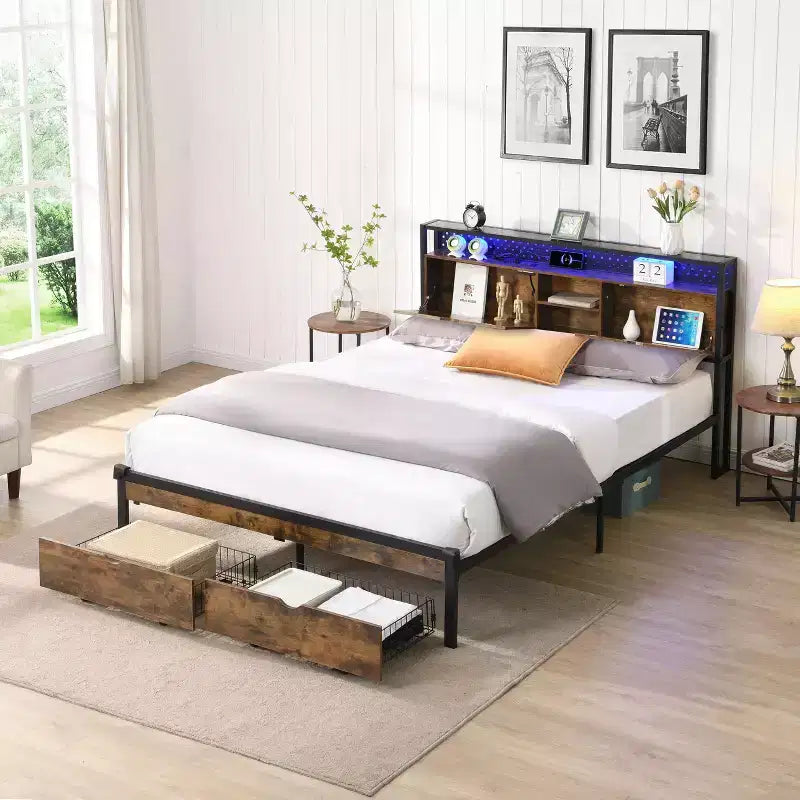 Struttura Letto Matrimoniale Queen in Metallo con Testiera, Pediera in Legno, Ricarica USB e Luci a LED, Nero Marrone, 1 Persona