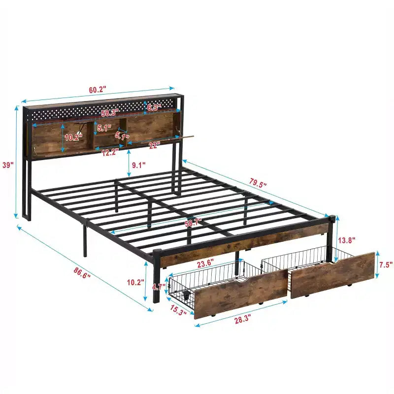 Struttura Letto Matrimoniale Queen in Metallo con Testiera, Pediera in Legno, Ricarica USB e Luci a LED, Nero Marrone, 1 Persona
