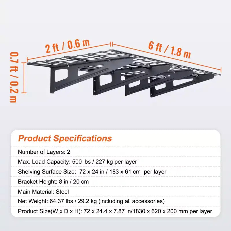 Scaffalatura da Garage in Metallo da Parete, Confezione da 2, 183 x 61 cm, Capacità Totale 454 kg