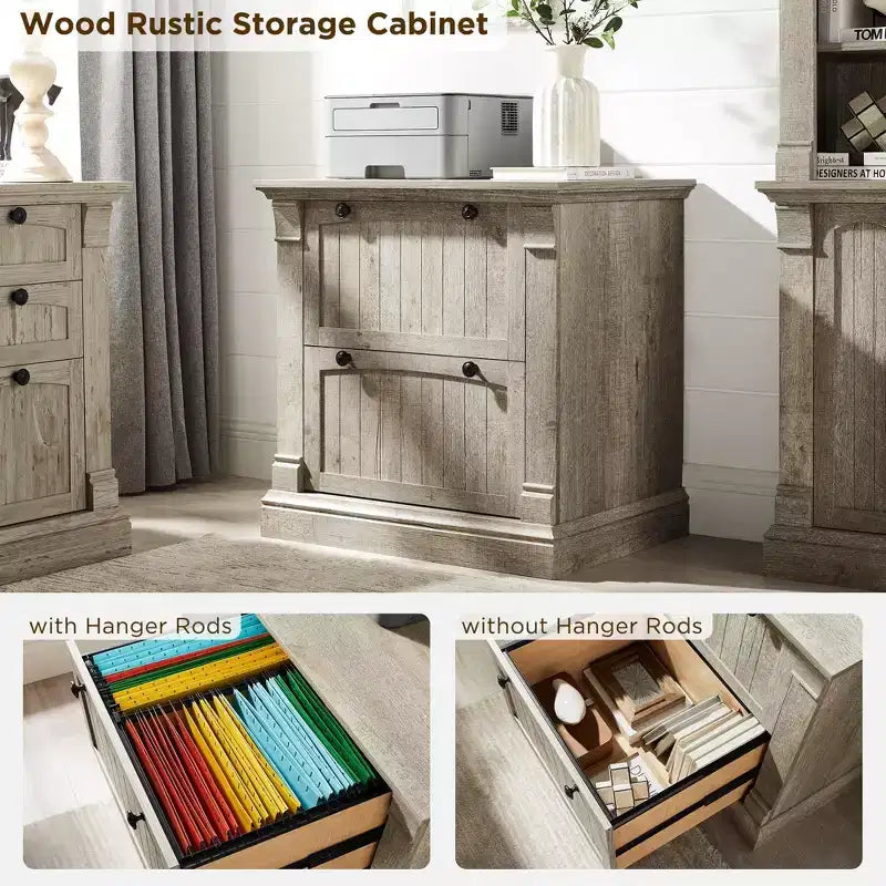 Cassettiera laterale a 2 cassetti da 30" per ufficio domestico – Bianco Antico / Rovere Rustico Chiaro / Legno di Fienile Recuperato