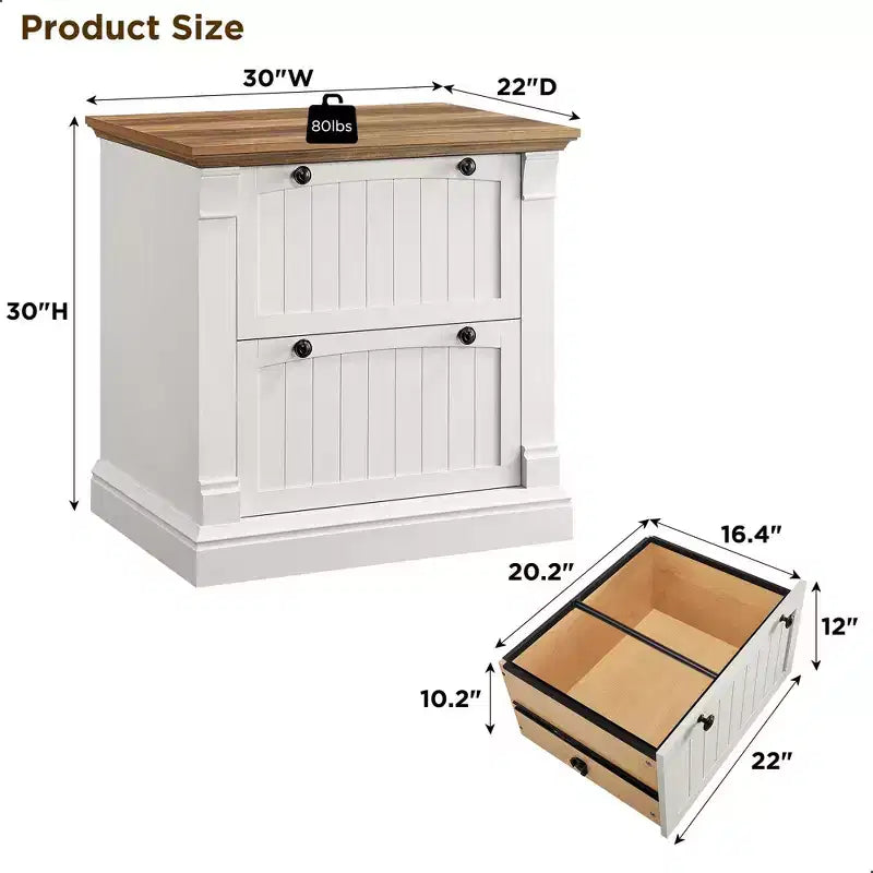 Cassettiera laterale a 2 cassetti da 30" per ufficio domestico – Bianco Antico / Rovere Rustico Chiaro / Legno di Fienile Recuperato
