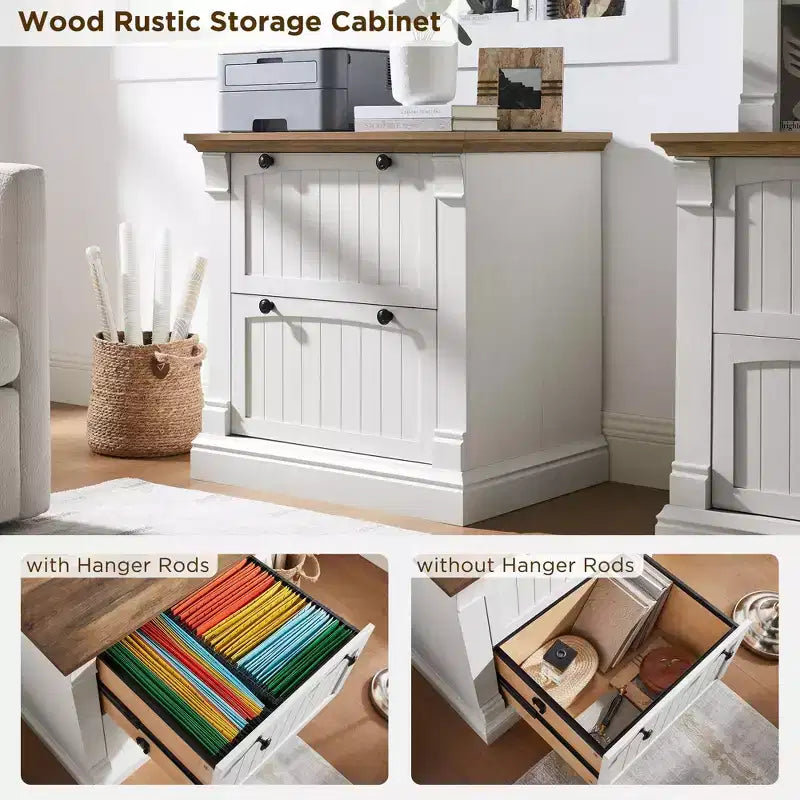 Cassettiera laterale a 2 cassetti da 30" per ufficio domestico – Bianco Antico / Rovere Rustico Chiaro / Legno di Fienile Recuperato