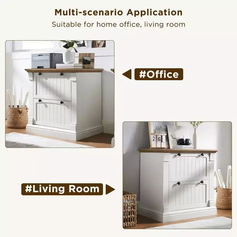Cassettiera laterale a 2 cassetti da 30" per ufficio domestico – Bianco Antico / Rovere Rustico Chiaro / Legno di Fienile Recuperato
