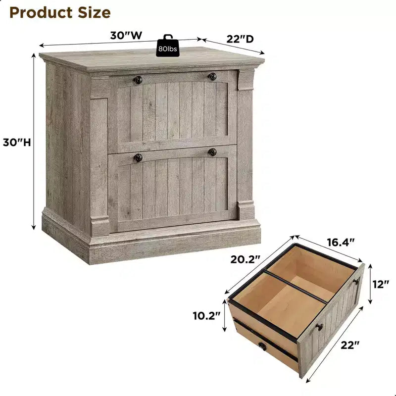 Cassettiera laterale a 2 cassetti da 30" per ufficio domestico – Bianco Antico / Rovere Rustico Chiaro / Legno di Fienile Recuperato