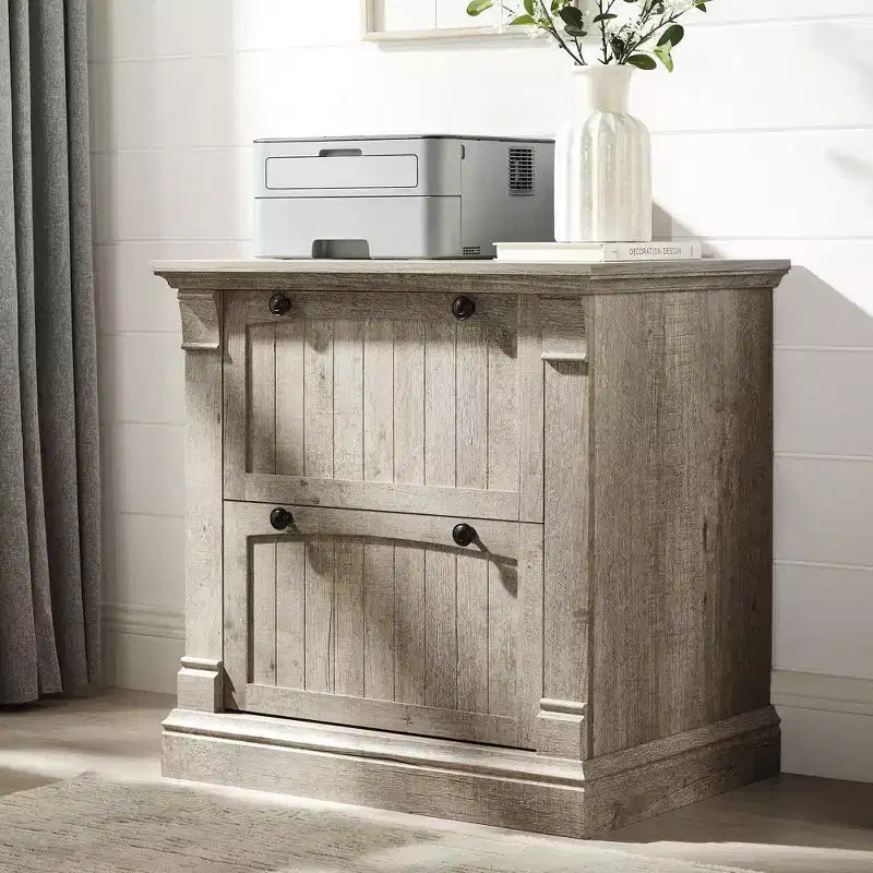 Cassettiera laterale a 2 cassetti da 30" per ufficio domestico – Bianco Antico / Rovere Rustico Chiaro / Legno di Fienile Recuperato