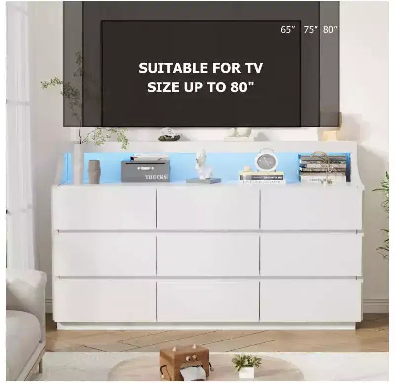 Cassettiera in legno a 9 cassetti da 150 cm, Bianco/Nero, Adulti