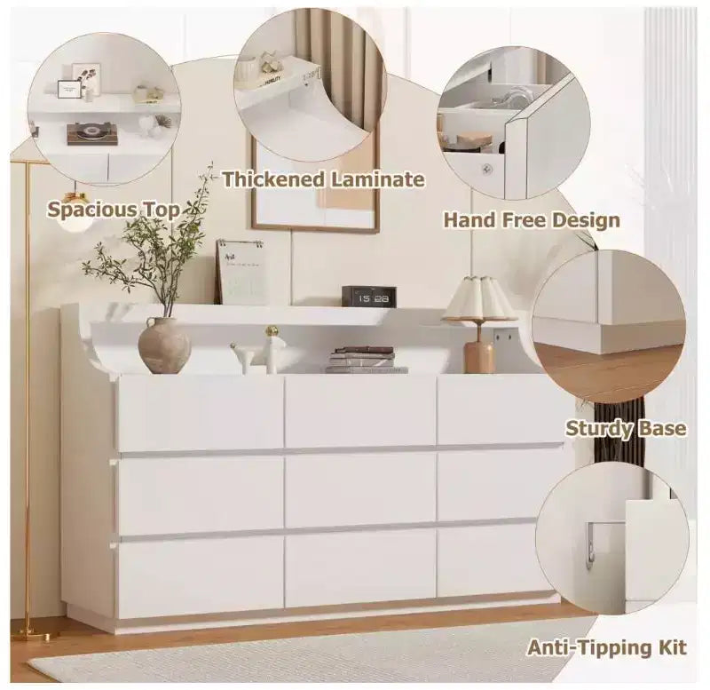 Cassettiera in legno a 9 cassetti da 150 cm, Bianco/Nero, Adulti